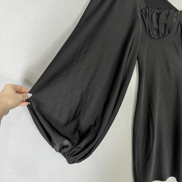 Jagger & Stone The Liv Mini Dress Womens 6 Black Satin Babydoll Balloon Sleeves - Picture 4 of 15